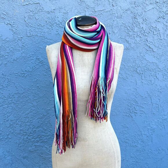 Vintage Scarf with Fringe Novelty Print Rainbow hippie - Picture 1 of 6